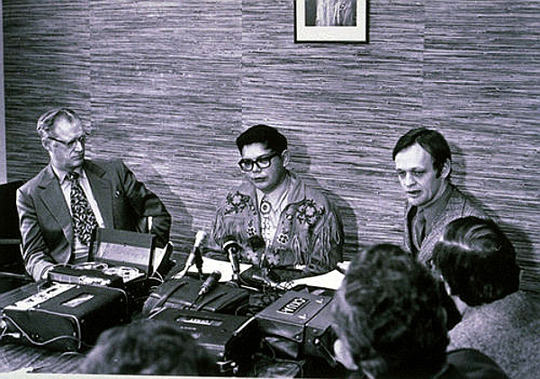 Premier of Alberta Harry Strom, aboriginal racial nationalist Harold Cardinal, and Jean Chrétien, Minister of Indian Affairs